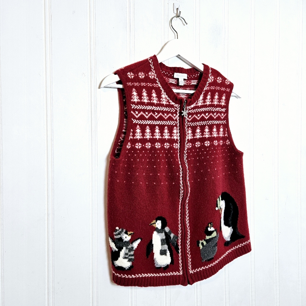 Vintage Charter Club Christmas Sweater Vest L Lambswool Penguin Full Zip Red Woo